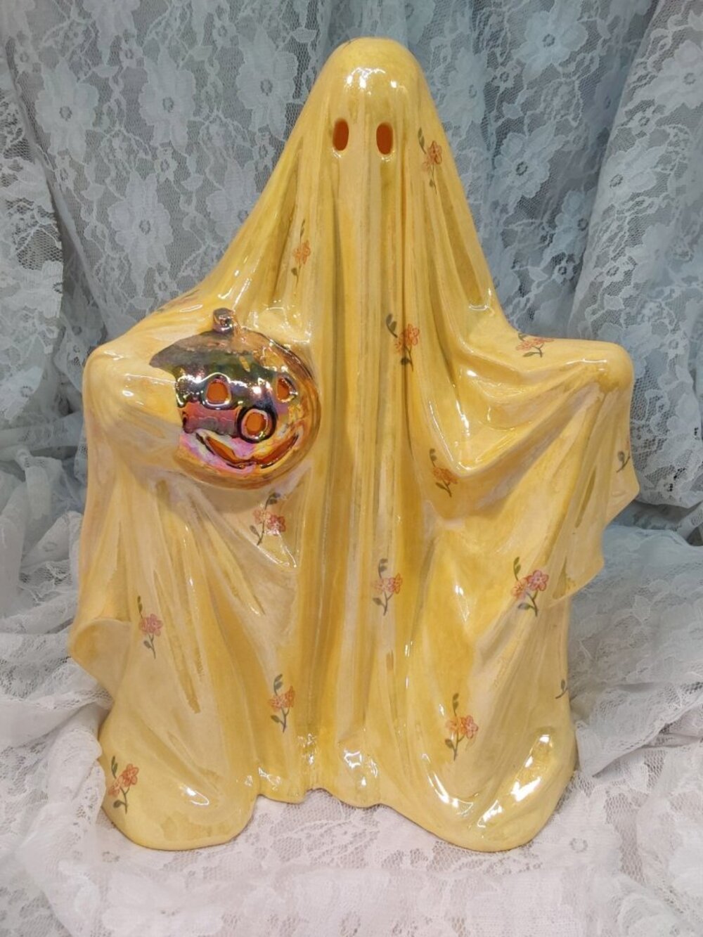 Ceramic Ghost Yellow With A Gold Luster Pumpkin And MOP Flower Decals